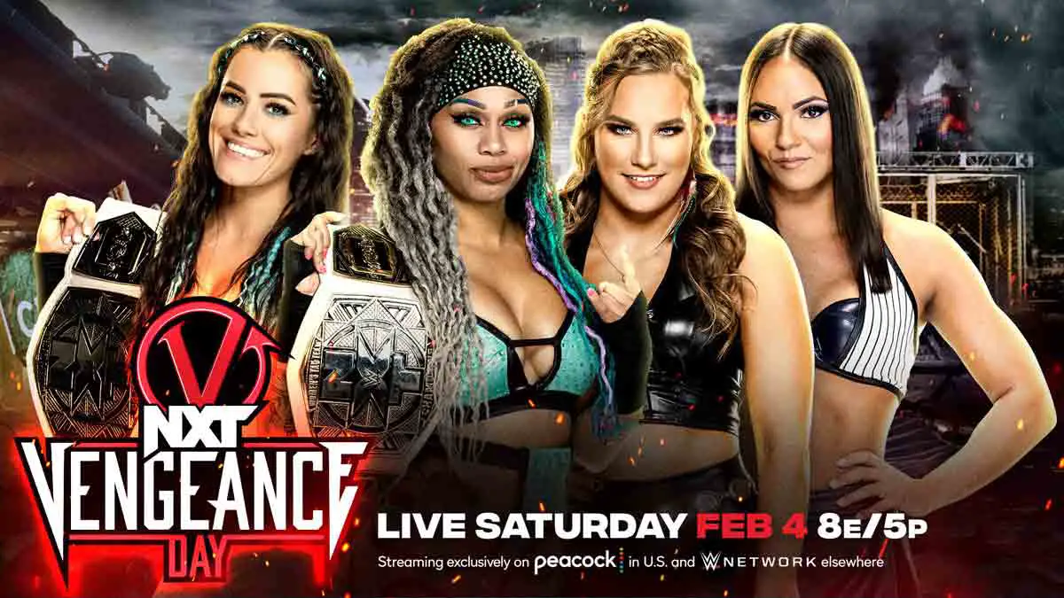 Fallon Henley & Kiana James vs Katana Chance & Kayden 
Carter at WWE NXT Vengeance Day 2023