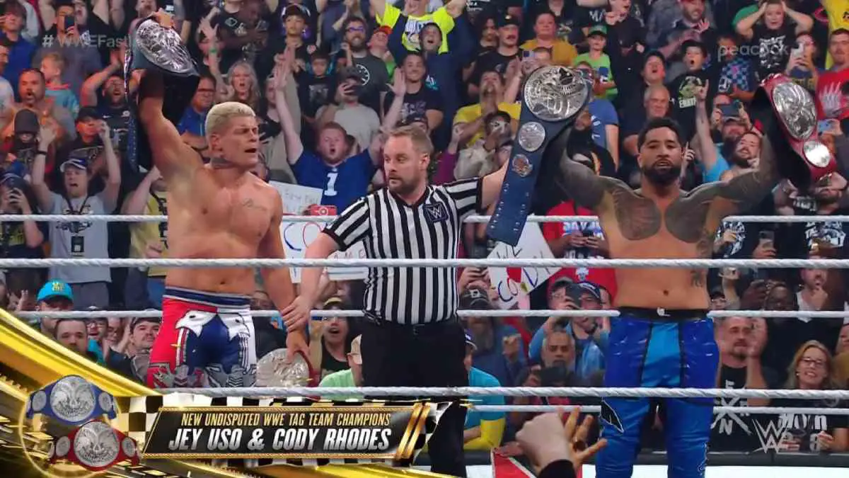 Cody Rhodes Jey Uso WWE Tag Team Champions Fastlane 2023